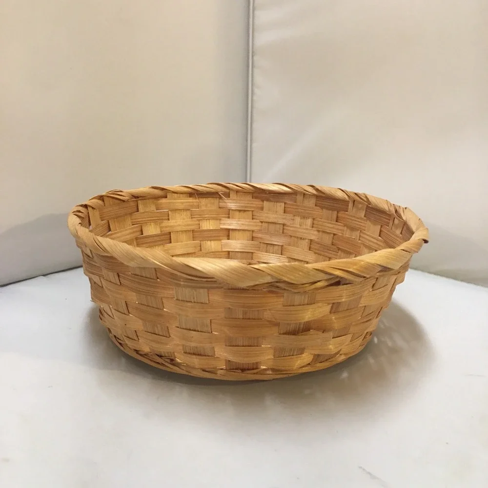 Woven Bamboo Basket Home Decor 7.25in Tan Round Lattice Storage Cottagecore